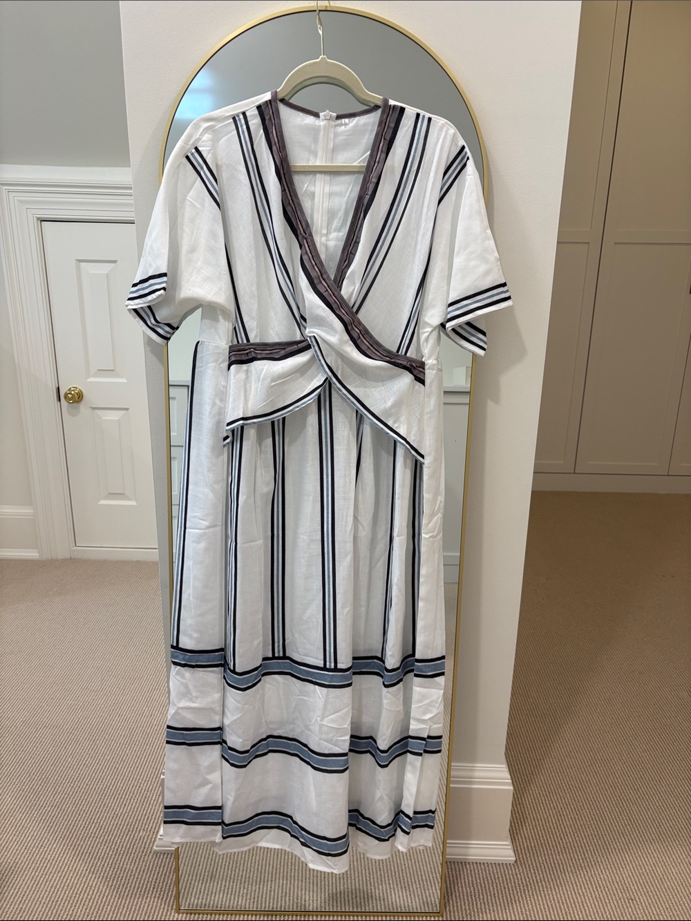 Striped V-Neck Midi Dress - White with Black Stripes